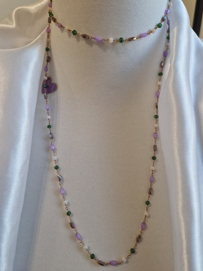 Rosary Style Necklace, Sage Green and Pearls, with Wing Pendant