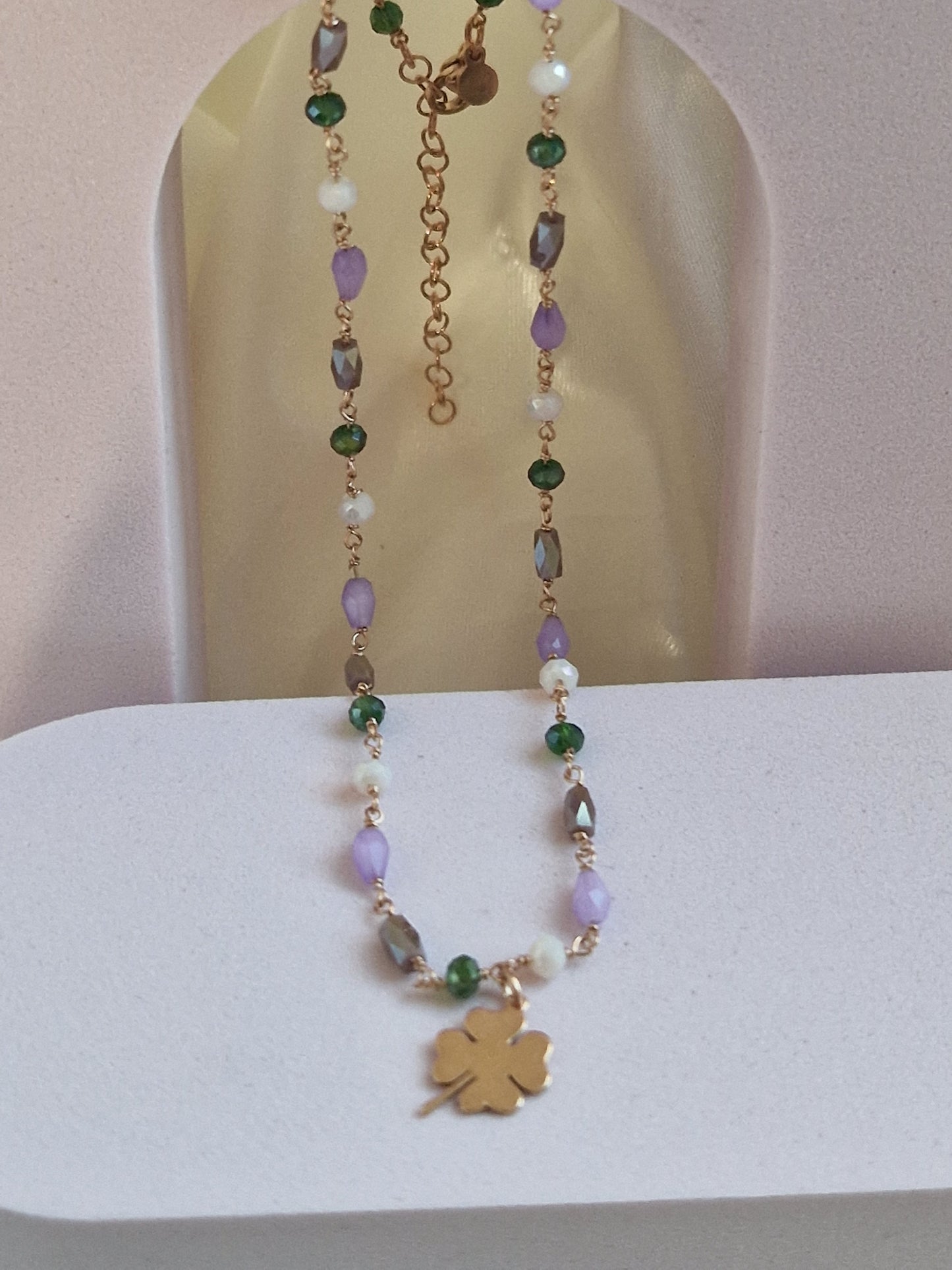 Rosary Style Necklace, Sage Green and Pearls, with Wing Pendant