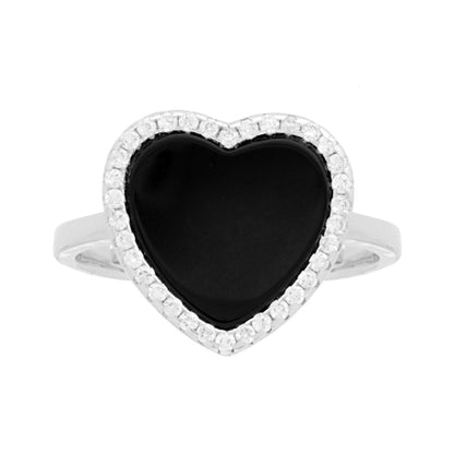 Anello con Cuore Onice Nero contornato da Cubic Zirconia Bianchi, Argento s925