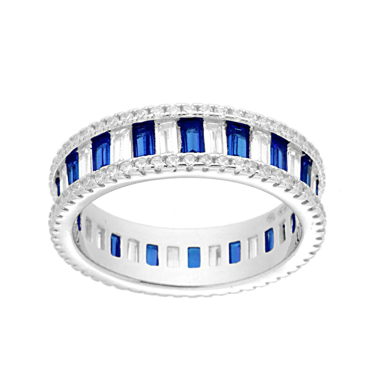 Anello Eternity con Zirconia taglio Baguette, Blu e Bianco, Argento s925