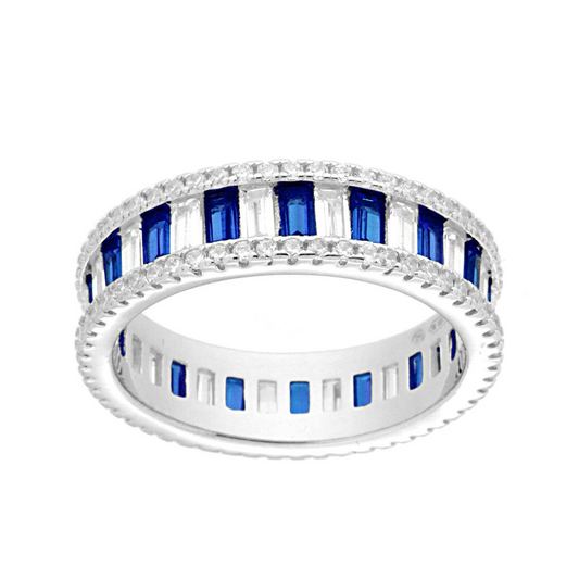 Anello Eternity con Zirconia taglio Baguette, Blu e Bianco, Argento s925