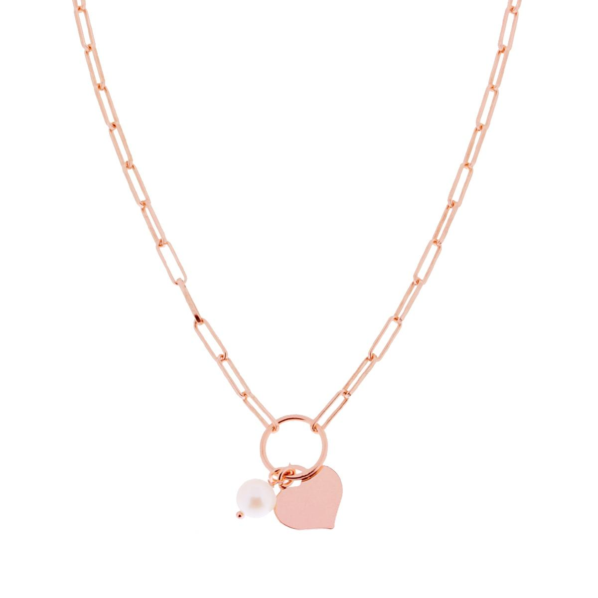 Collana catena Forzatina Rettangolare con Cuore e Perla pendente, in Argento s925