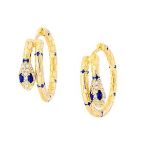 Orecchini Cerchio Medio Serpente con Zirconi Blu Zaffiro, in Argento s925 e oro