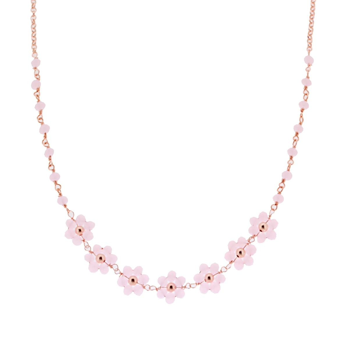 Collana Catena Rolo Diamantata con Fiori Rosa, in ARGENTO 925