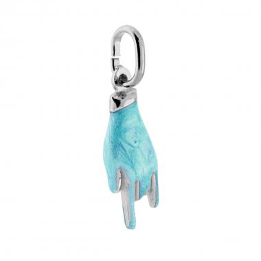 Ciondolo Portafortuna Mani con Corna, AZZURRO PERLATO, in Argento s925