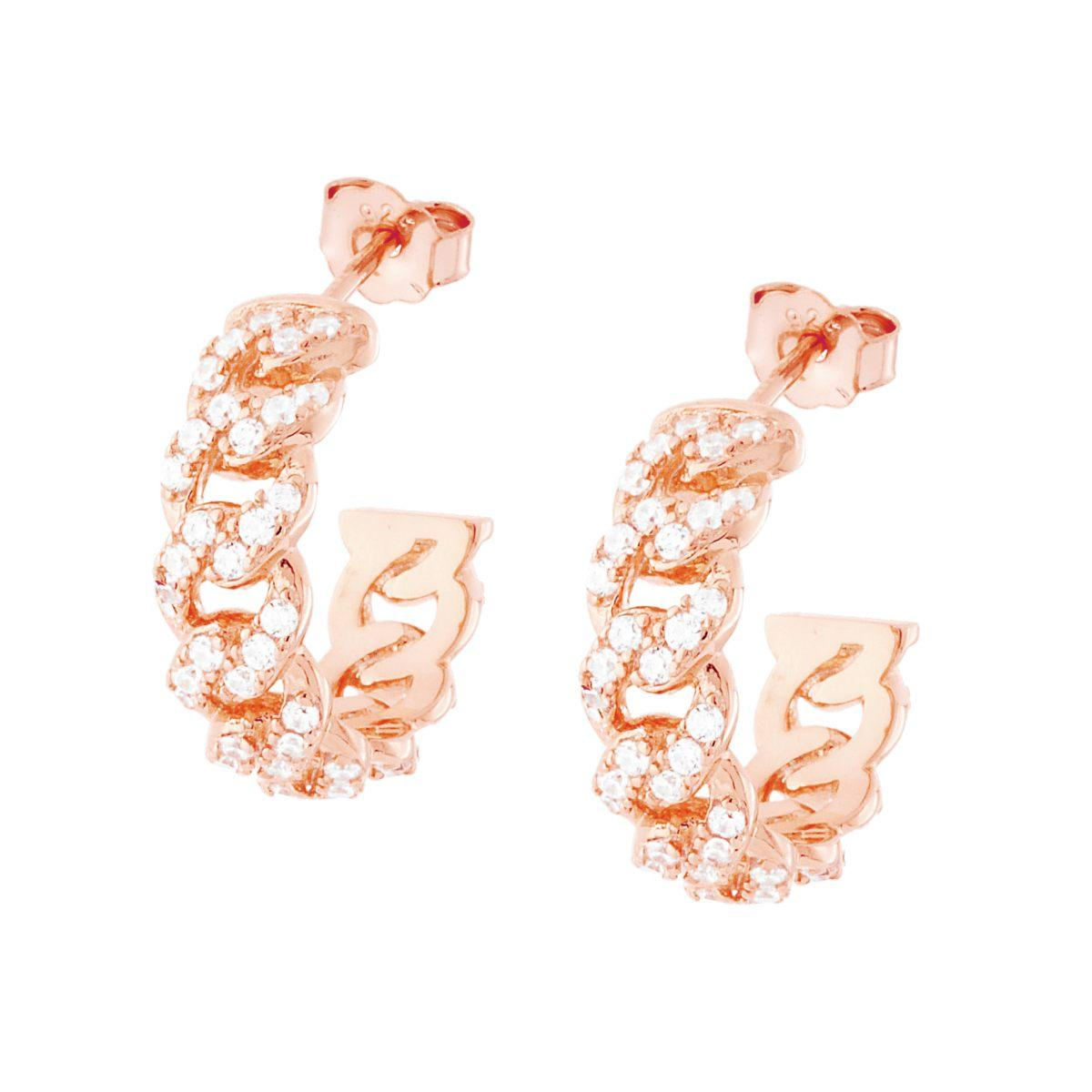 Orecchini Cerchio Catena Grumetta con Zirconi Bianchi, in Argento s925