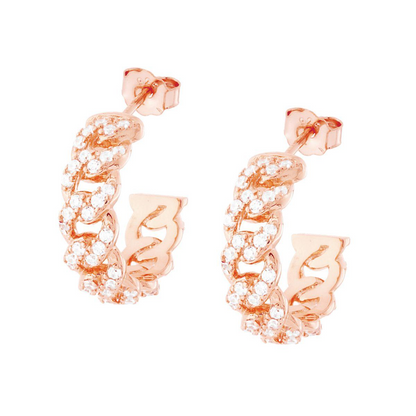 Orecchini Cerchio Catena Grumetta con Zirconi Bianchi, in Argento s925