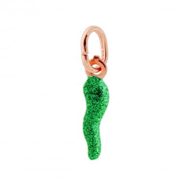 Ciondolo Corno Verde con GLITTER 18mm, in Argento 925