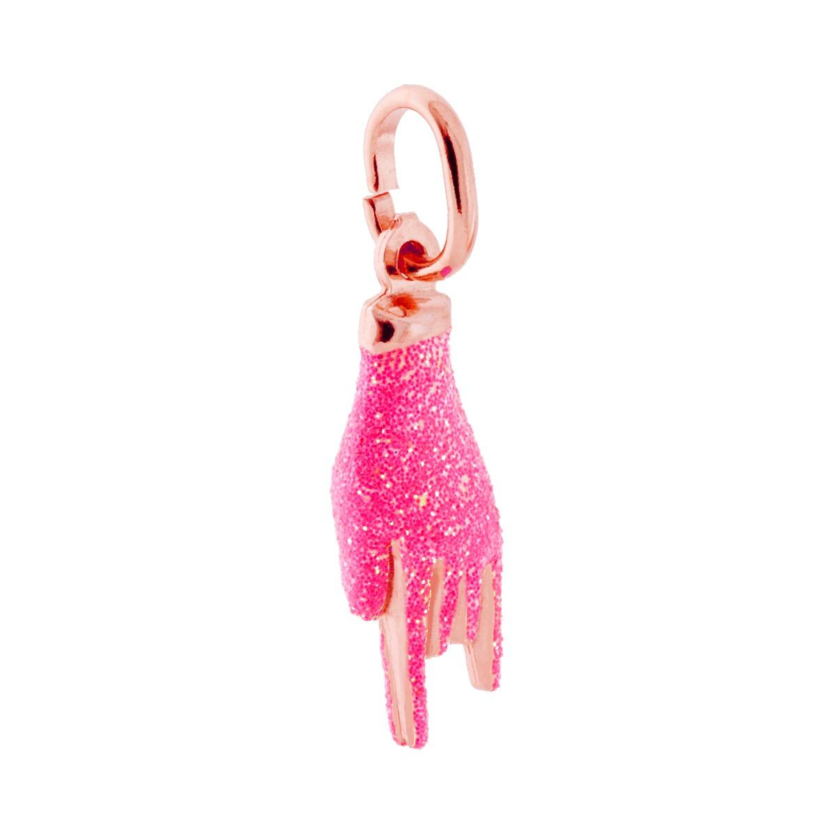 Ciondolo Portafortuna Corna con Smalto Rosa GLITTER, in Argento s925