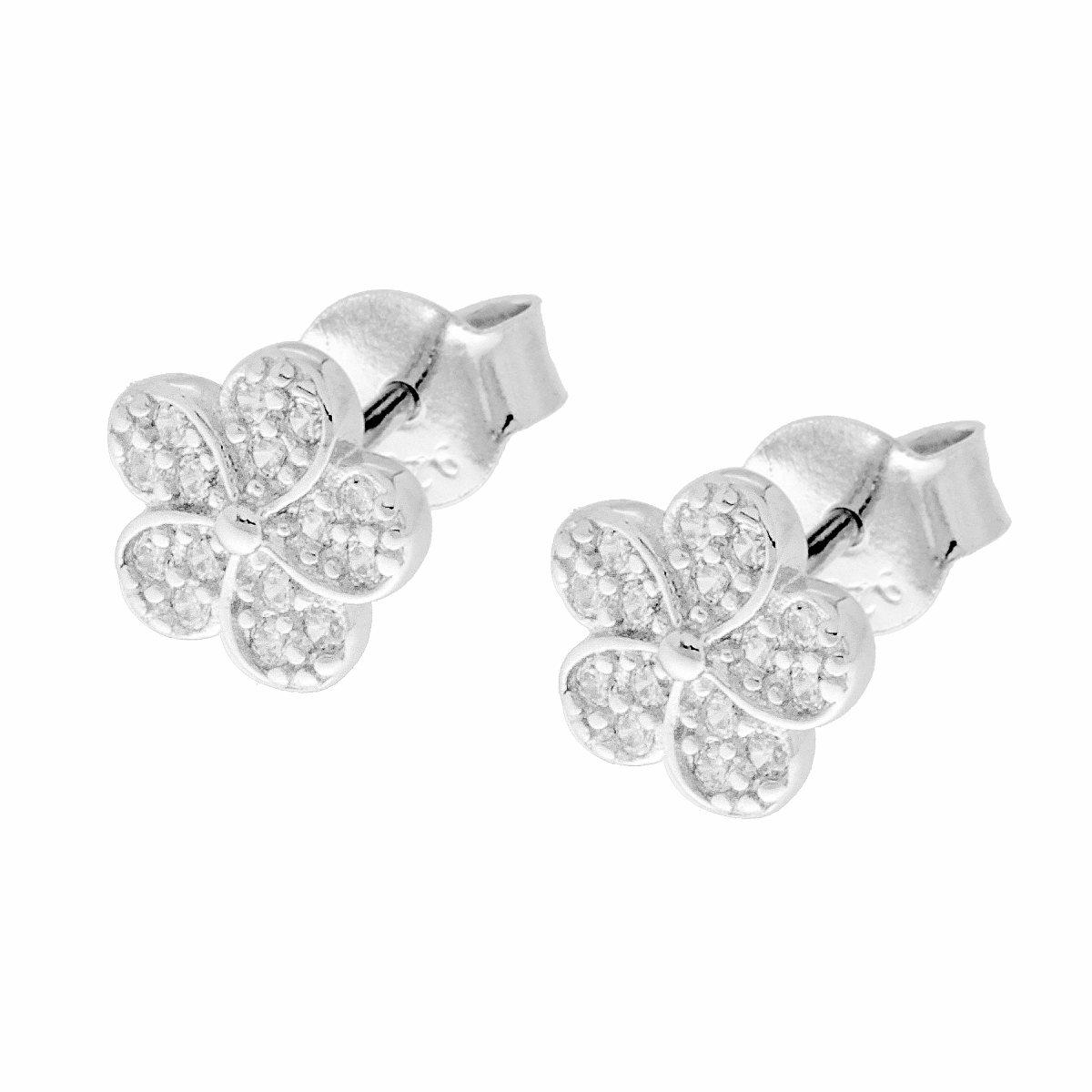 Orecchini Fiore con Zirconi Bianchi, Argento s925