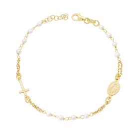 Bracciale Rosario con Grani Perla con Croce e Madonna , in Argento s925
