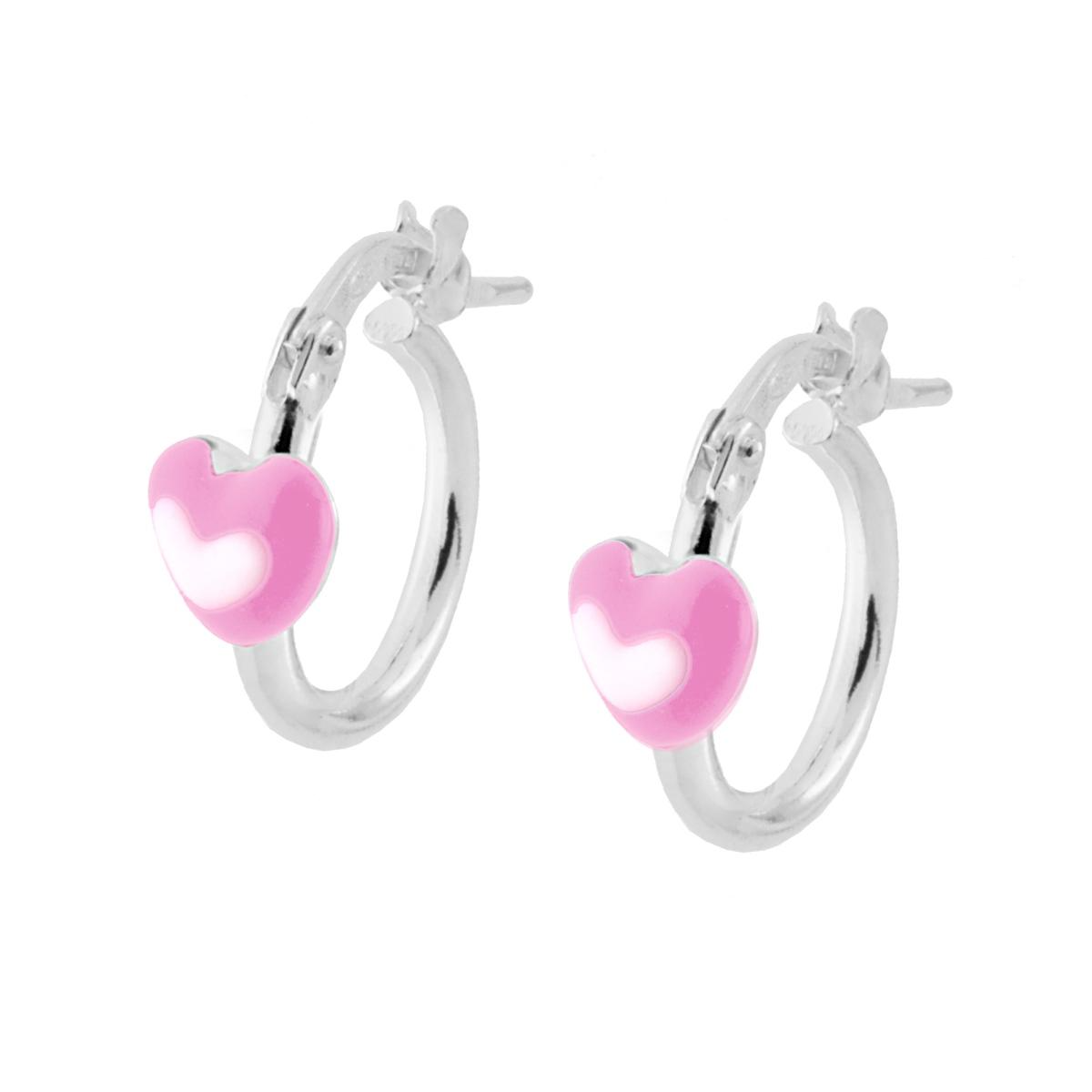 Orecchini Cerchio con Cuoricin Rosa e Bianco, Argento S925