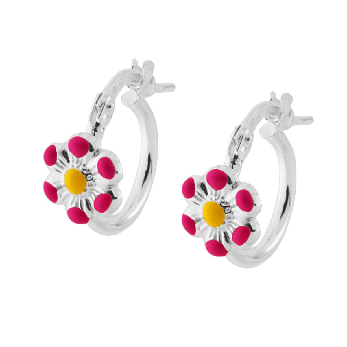Orecchini Cerchio con Fiore Smalto Fucsia e Giallo, Argento s925