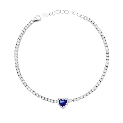 Bracciale Tennis con Zirconi 2mm + Cuore centrale Blu Zaffiro contornato, Argento S925
