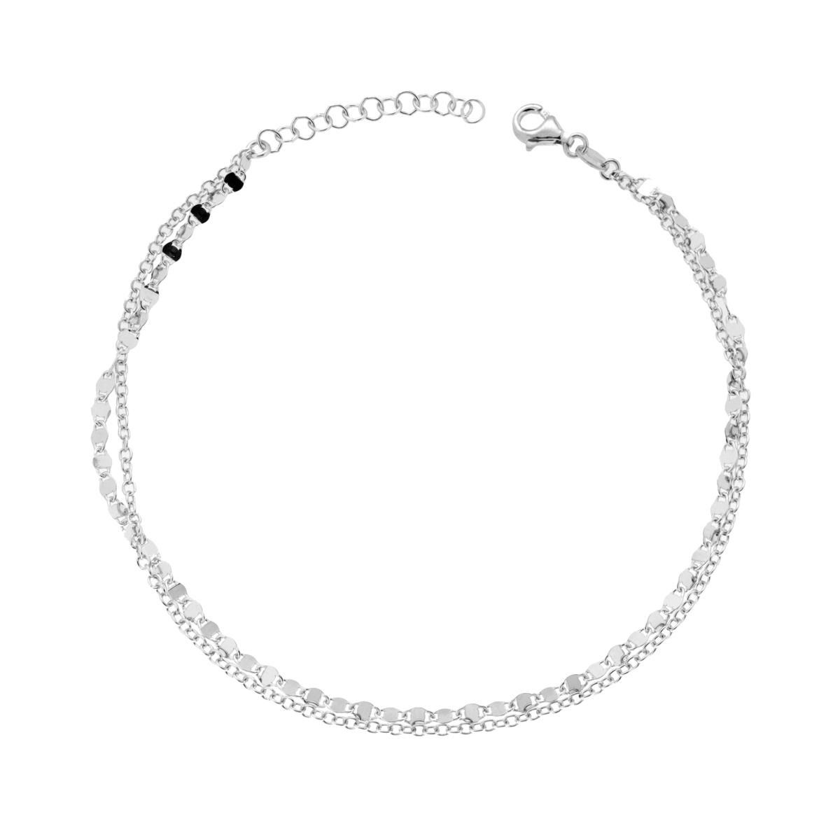 Cavigliera in argento a due fili, uno a maglie piccole e uno con piastrine, con due perline nere.