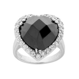 Anello Solitario Cuore Nero contornato da Cubic Zirconia Bianchi, Argento s925