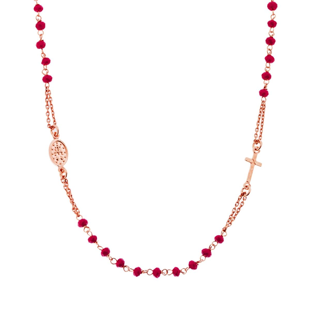 Collana Rosario cm 50 con Grani Rossi, Argento s925 Oro Rosa