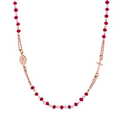 Collana Rosario cm 50 con Grani Rossi, Argento s925 Oro Rosa