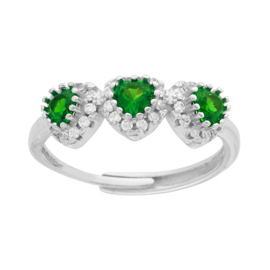 Anello Trilogy Cuori Zirconi Verde Smeraldo
