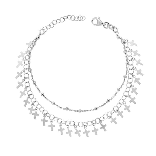 Bracciale due fili Diamantati e Croci plain pendenti; Argento s925