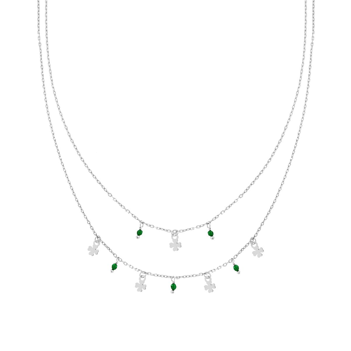 Collana due fili Diamantata con Trifogli e Crystal Verde Smeraldo