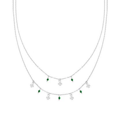 Collana due fili Diamantata con Trifogli e Crystal Verde Smeraldo