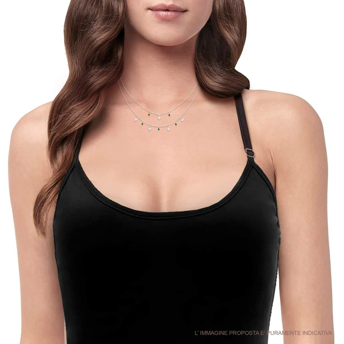 Collana due fili Diamantata con Trifogli e Crystal Verde Smeraldo