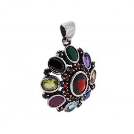 Ciondolo Etnico Fiore Ovale con Pietre Naturali Multicolor, Argento s925