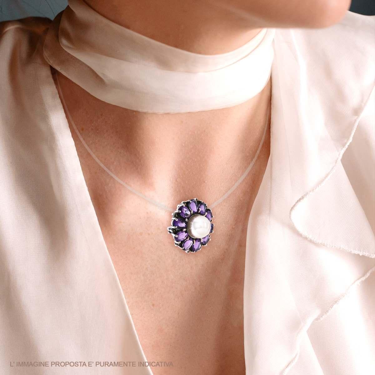 Ciondolo Spilla Etnico Fiore Pietre Ametista e Perla, in Argento s925