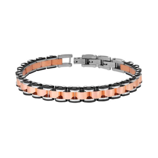 Bracciale Uomo Maglia Imperniata dettagli colore Rosa e Nero, in ACCIAIO inox