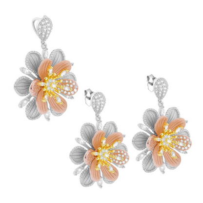 Parure Set Orecchini e Ciondolo Fiore 3D, in Argento S925