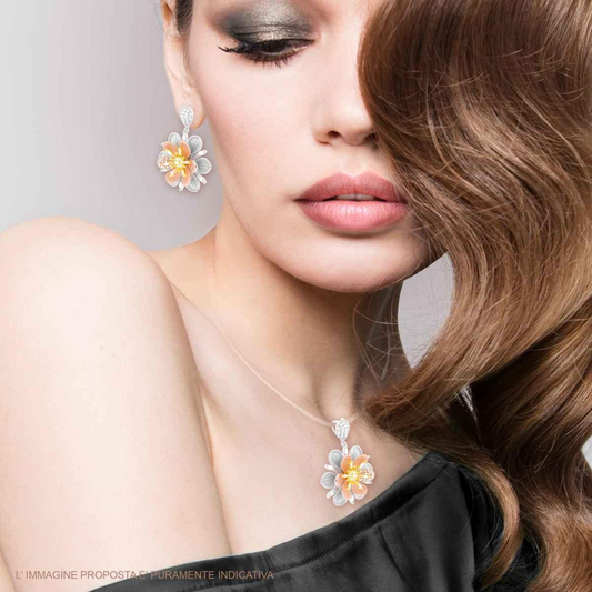 Parure Set Orecchini e Ciondolo Fiore 3D, in Argento S925