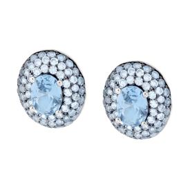 Orecchini Bottone Ovale con Zirconia Acquamarina, in Argento S925