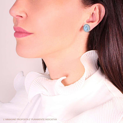 Orecchini Bottone Ovale con Zirconia Acquamarina, in Argento S925