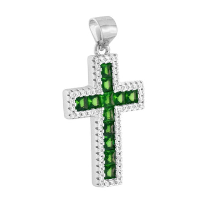 Ciondolo Croce con Cubic Zirconia Carre Verde Smeraldo –  in Argento 925