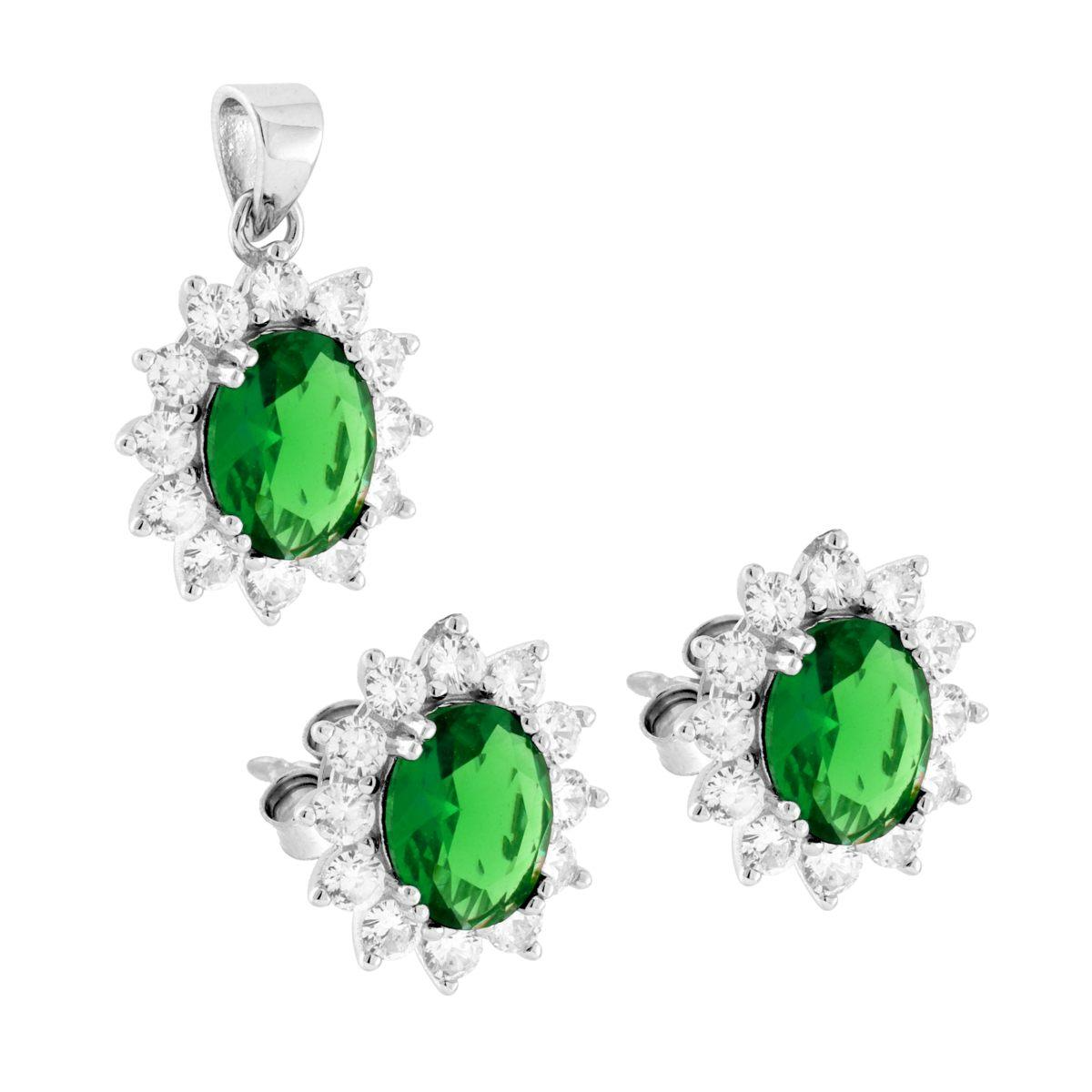 Parure Set Orecchini e Ciondolo Ovale Verde Smeraldo, in Argento S925