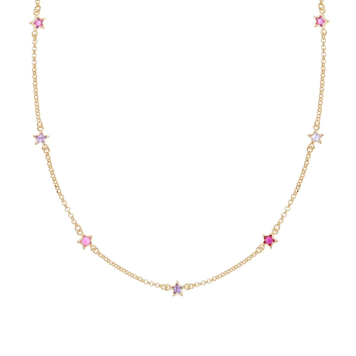 Collana Catena Rolo Diamantata con Stelle Rosa e Viola, Argento s925