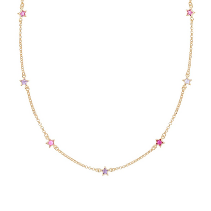 Collana Catena Rolo Diamantata con Stelle Rosa e Viola, Argento s925