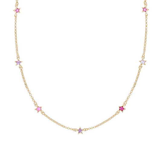 Collana Catena Rolo Diamantata con Stelle Rosa e Viola, Argento s925