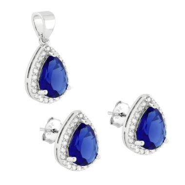 Parure Set Orecchini e Ciondolo Goccia Cubic Zirconia Blu Zaffiro, Argento s925
