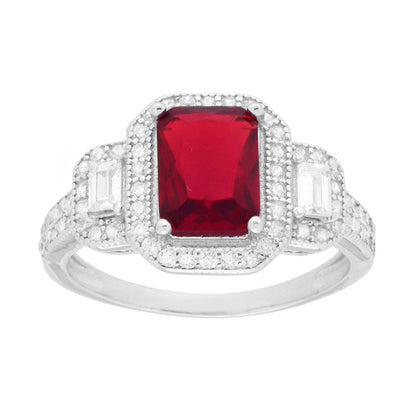 Anello Rettangolo Rosso Rubino contornato da Zirconia Baguette , ARGENTO S925