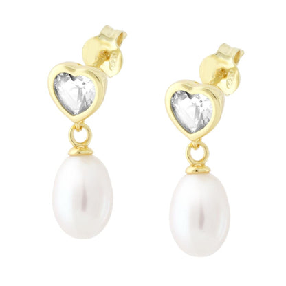 Orecchini Cuore e Perla di Fiume pendente, in Argento S925