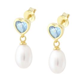 Orecchini Cuore Acquamarina e Perla di Fiume pendente, in Argento S925