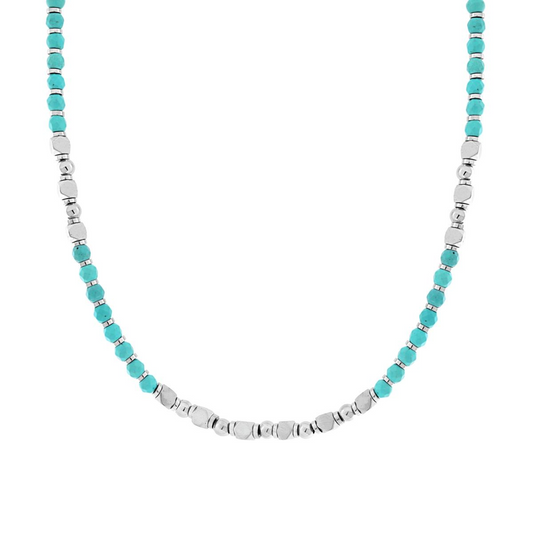 Collana con Palline Sfaccettate Pietra Turchese e Cubetti, in ACCIAIO inox