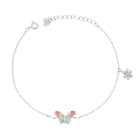 Bracciale Catena Forzatina Diamantata con Fiore e Farfalla, Argento s925