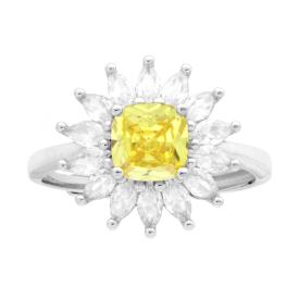 Anello Fiore Quadrato Cushion Giallo contornato da Zirconia Marquise, in Argento s925