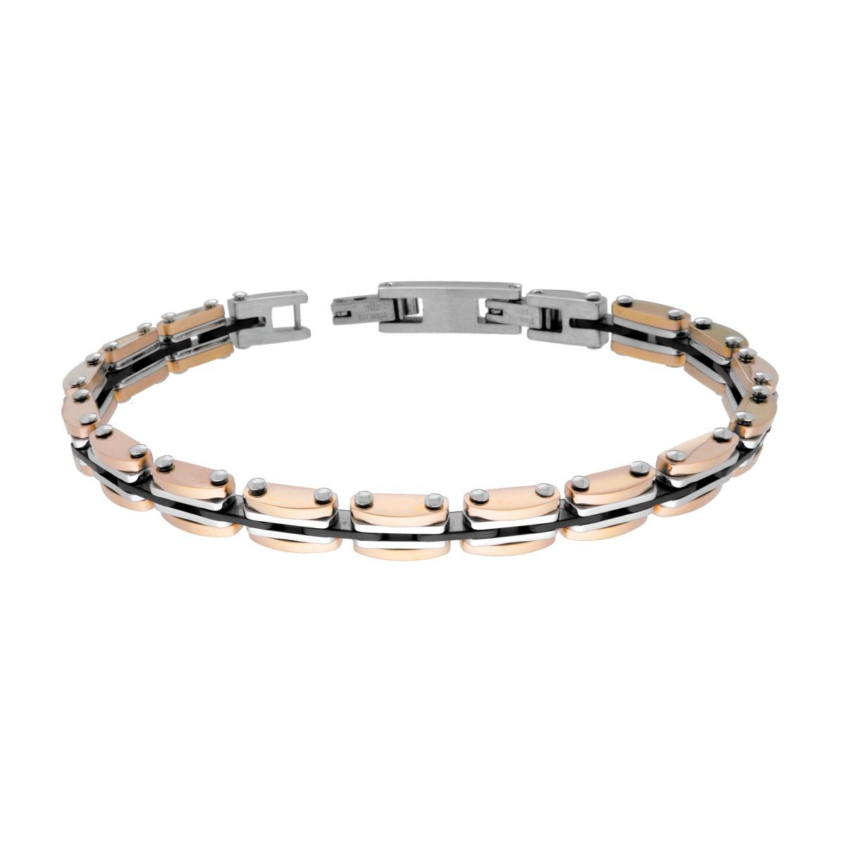 Bracciale Uomo Maglia Imperniata Nero e Rosa, in ACCIAIO inox