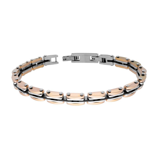 Bracciale Uomo Maglia Imperniata Nero e Rosa, in ACCIAIO inox