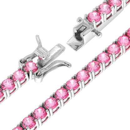 Braccialetto a catena con gemme rosa, chiusura in metallo argentato.