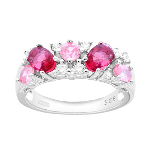 Anello con Bouquet di Zirconia Rosso Rubino Rosa, Argento s925